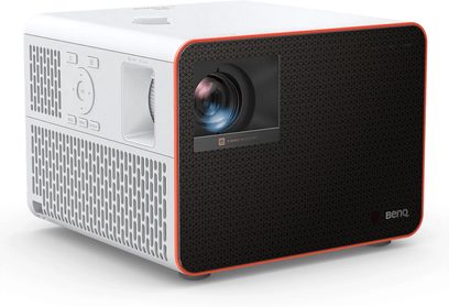 Benq X3100i videoprojektor, bel in črn, pogled od spredaj in s strani, kompaktna zasnova z vgrajeno mrežico in lečo