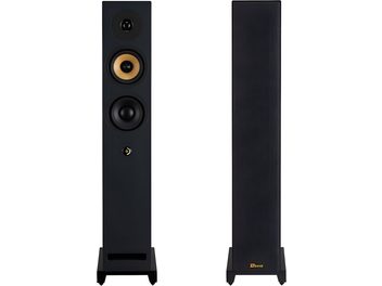 Gulvhøyttaler Davis Acoustics Krypton 6 Technik svart, frontvisning med 3 synlige høyttalere og bassrefleksport, baksidevisning med stoffgrill
