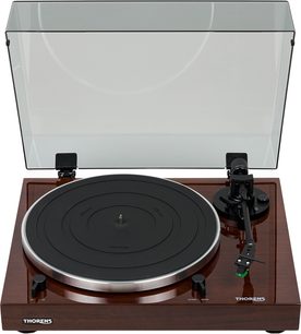 Hi-fi turntable TD 202 walnut with wood finish base, black circular platter, black tonearm, raised transparent cover