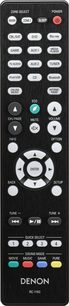 Zwarte Denon RC-1192 afstandsbediening met grijze en witte knoppen voor het bedienen van een home cinema-versterker, vooraanzicht