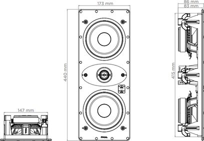 Zapuštěný nástěnný reproduktor Focal 100 IWLCR5, technický náčrtek s rozměry v milimetrech, pohled zepředu a z boku