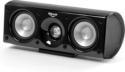 Sort Klipsch HDT-500 center højttaler med to mellemtone-højtalere og en diskant, set forfra