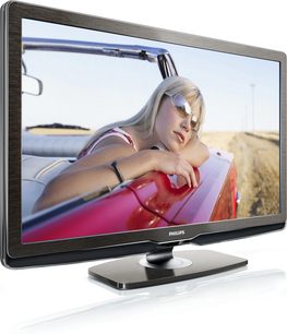 Philips 32PFL9604H-fladskærms-tv, der viser en ung blond pige med solbriller i en rød cabriolet