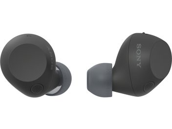 Бездротові внутрішньоканальні навушники Sony WF-C710N чорного кольору з матовою пластиковою поверхнею, два навушники представлені крупним планом у тричвертному ракурсі з сірими силіконовими насадками та перфорованою мікрофонною решіткою