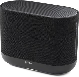 Trådløs højttaler Denon Home 400 charcoal sort, afrundet oval form med mørkt stof og betjeningselementer på siden