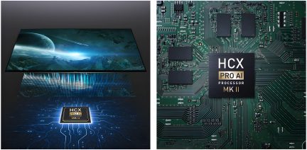 HCX Pro AI MK II processor on motherboard, top view, screen displaying space landscape, printed circuit board in the background