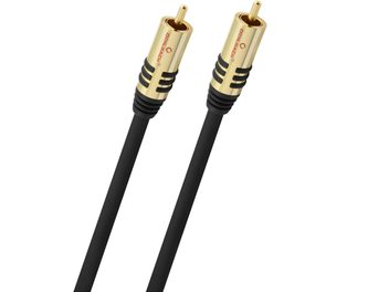 Câble pour caisson de basses Oehlbach NF Sub noir à gaine en PVC, connecteurs RCA mâles en métal doré avec rainures noires, vue de trois-quarts avant