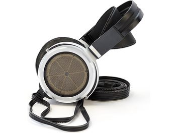 Cuffia hi-fi aperta STAX SR-009S nera, vista laterale sinistra, con cavo intrecciato e trasduttori elettrostatici circolari argentati