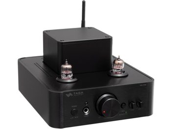 Harmony HTA-700B v.3 черен, интегриран стерео лампов усилител, черно лакирано покритие, две видими лампи отгоре, голям централен бутон за регулиране на звука, бутони за избор, слушалково гнездо, антена отзад, преден тричетвъртен изглед