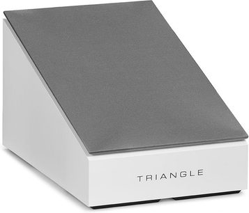 Темно-сіра акустична система Triangle, вигляд зверху під невеликим кутом, верхня панель, білий логотип "TRIANGLE" на верхній частині