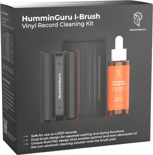 HumminGuru I-BRUSH box, black vinyl record cleaning kit with double brush and orange bottle
