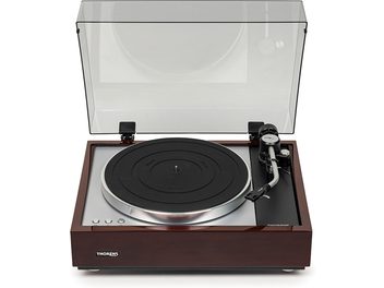Thorens TD 1600 hi-fi vinüülplaadimängija TP160 pähkel, pealtvaade, läbipaistev kaas tõstetud, must ümmargune taldrik, hõbedane helikäpp, puidust alus