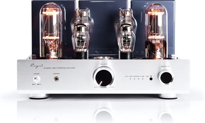 Cayin CS-805A integreret stereo rørforstærker i sølv med børstet aluminium, set forfra, med fire synlige gløderør, to store runde knapper, hovedtelefonudgang og justerede indikatorlamper