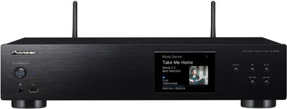 Pioneer N-30AE sort netværksaudioafspiller, frontvisning, LCD-display, kontrolknapper, USB- og Ethernet-porte, Wi-Fi-antenner