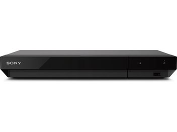 4K Blu-ray-Player Sony UBP-X700K schwarz, Vorderseite mit glänzendem Panel, Logo links, Tasten und USB-Anschluss rechts