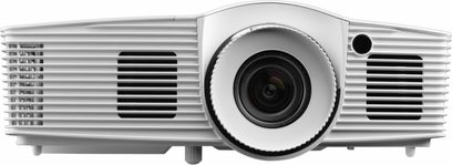Optoma HD39Darbee hvid videoprojektor, set forfra, centreret sort linse, sideventilationsgitre
