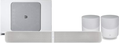 Bluesound Pulse kabelloses Lautsprecherpaket in Weiß mit Soundbar, Satelliten und Subwoofer, schlichtes Design