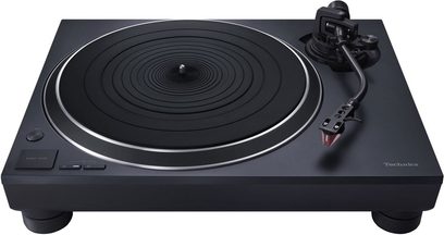 Aukštos kokybės Technics SL-1500CEG-K juodos spalvos vinilo plokštelių grotuvas, su rievėtu matiniu disku, sidabrine dešinine svirtimi ir valdymo rankenėlėmis