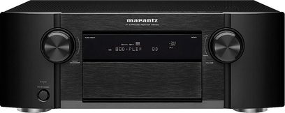 Marantz SR5005 sort hjemmebiografsforstærker, frontpanel, frontvisning, blå skærm, sølvfarvede knapper og drejeknapper
