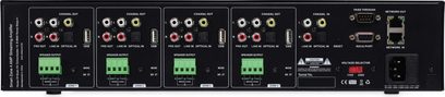 Smart Zone 4 Amp, bagudsigte, 4 zoner, 4 koaksiale udgange, 4 højttalerudgange, 4 linjeindgange, 4 optiske indgange, 4 USB-porte, 1 netværksport, 1 RS232-port, 1 spændingsvælger, 1 strømstik
