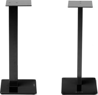 To Norstone Esse Stand højttalerstativer i skinnende sort metal, rektangulære, set forfra på hvid baggrund