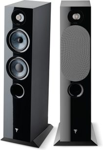 Focal Chora 816 sort gulvhøjttaler, set forfra og fra siden, med højttalere og bass-refleksport