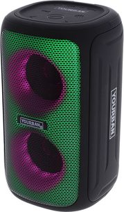 Altavoz bluetooth Yourban Getone 35 negro, vista de tres cuartos, rejilla frontal con luces verdes y violetas, botones en la parte superior