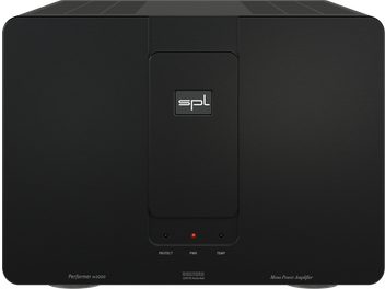 Vysokokvalitný výkonový zosilňovač SPL Performer M1000 čierny s obdĺžnikovým predným panelom, centrálnym logom a tromi svetelnými indikátormi