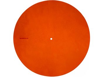Turntable platter cover Bringhs, circular, orange finish, central hole, top view, Bringhs logo visible