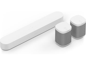 Sonos Beam og Play 1 hvid soundbar-pakke bestående af en hvid, rektangulær soundbar og to hvide, cylindriske højttalere