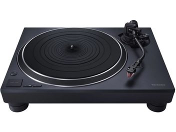 Hi-fi pladespiller Technics SL-1500CEG-K i sort, set ovenfra, rund drejetallerken, lige tonarm