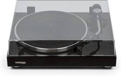 Gramofon Thorens TD 204 A černý, pohled shora, skleněný talíř, rameno, průhledný prachový kryt