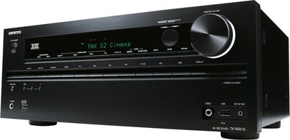 Onkyo TX-NR616 schwarzer Heimkino-Verstärker, Frontansicht, grüne Anzeige "THX 52 Cinema", Tasten und Regler an der Vorderseite