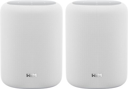 Set van 2 witte WiiM Sound Lite cilindervormige draadloze luidsprekers met meshstof, vooraanzicht