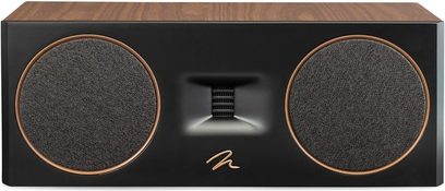 Cassa centrale MartinLogan Motion C10 noce con due griglie circolari nere e un tweeter centrale rettangolare