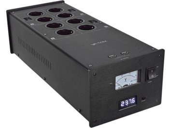 Taga Harmony PC-8000DC Power Conditioner Black, angled view, 8 round outlets, digital display, switch, voltmeter