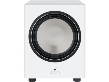 Canton Townus 12 Sub subwoofer in mat wit, kubusvormige behuizing met grote ronde luidspreker aan de voorkant