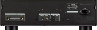 Denon DCD-A110 sort CD-afspiller, frontvisning, med digitale og analoge lydstik, display og kontrolknapper