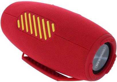 Bluetooth zvočnik Yourban Getone 45 rdeč, pogled s strani, ovalna oblika, rumena mrežica, teksturirana tkanina, vgrajen ročaj