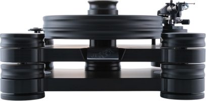 Giradischi hi-fi in vinile Transrotor Dark Star Reference TRA Studio nero opaco in acrilico, vista frontale, con piatto circolare spesso, perno centrale sporgente e piedini cilindrici impilati