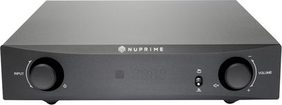 Nuprime IA-9X sort hi-fi stereoforstærker, frontvisning med volumen- og indgangsvælgerknapper, central LED-skærm