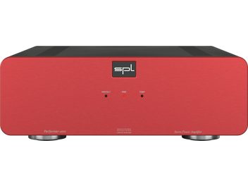 Amplificatore di potenza hi-fi Performer s800 rosso con pannello frontale rosso, logo SPL nero, 3 indicatori e scritte bianche