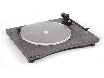 Hi-fi skivspelare New Horizon 129 i mörkt valnötsträfärgat trä, trekvartsbild, genomskinlig tallrik, svart tonarm