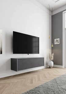 Clic TV Series AV-møbel model TV65" 2S, væghængt, antracitgrå, front i tekstureret stof, trekvartsvinkel visning