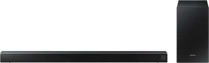 Sort Samsung HW-R530 soundbar, set forfra, med rektangulært sort basrør placeret til højre