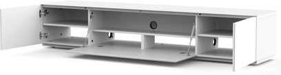 Rechteckiger, niedriger weißer TV-Schrank mit 2 Ebenen, 2 Türen und 2 Schubladen, aus melaminbeschichteten Spanplatten
