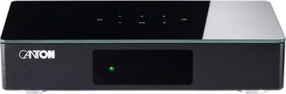 Canton Smart Connect 5.1 flerromsforsterker i svart, front med grønn indikatorlampe og overside i svart glass med berøringskontroller