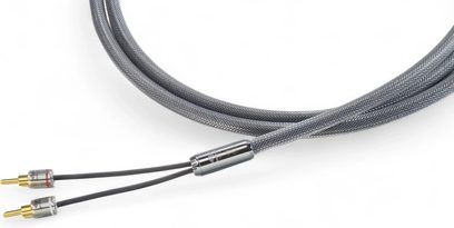 Siltech Explorer180L SSP HP, šedý reproduktorový kabel s pleteným pláštěm, kovový Y-splitter, dva pozlacené banánky, pohled shora