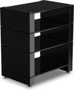 Hi-Fi-möbel Monitor Audio Blok Stax 2G, trekvartsvy, svart struktur, tre hyllor, fyrkantiga ben
