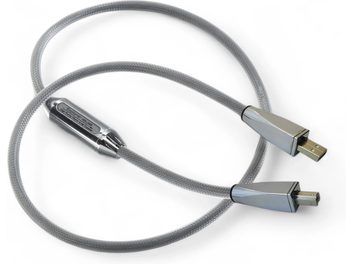 Siltech Explorer 45 USB-kabel i grå, flettet strømpe, metalstik USB‑A og mini‑USB, cylindrisk hus, set ovenfra